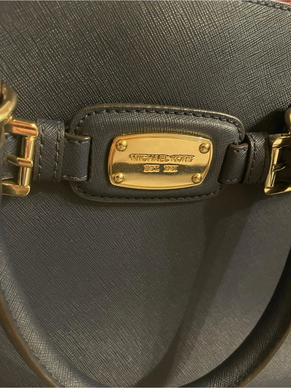 Michael Kors Navy Leather Satchel with Gold Hardware